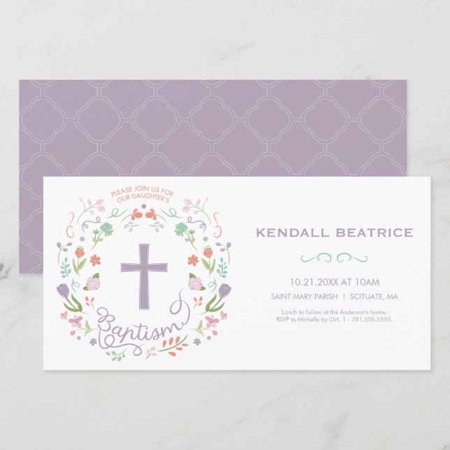 Baptism Invitation Card - Baby Girl Invite, Cross (Front/Back)