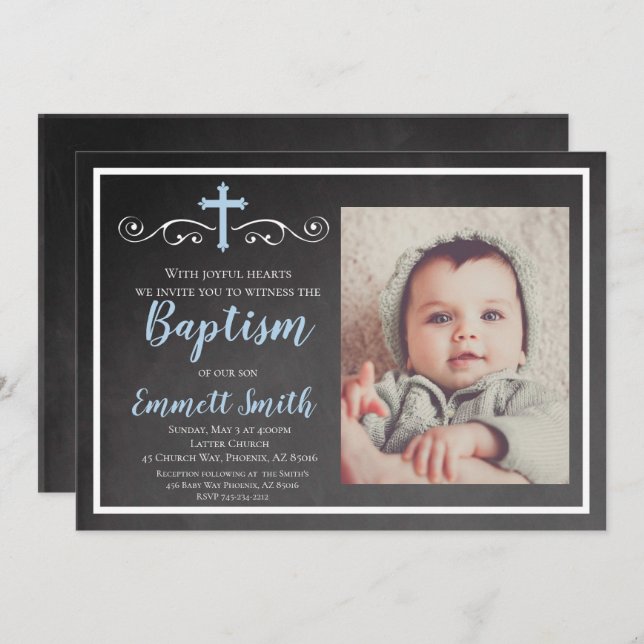 Baptism Invitation, Chalkboard, Boy, Baptism, Blue Invitation (Front/Back)