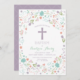 Baptism Invitation - Customise, Flowers, Cross