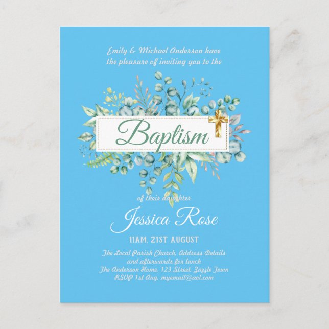 Baptism Invitation Eucalyptus Greenery BUDGET Postcard (Front)