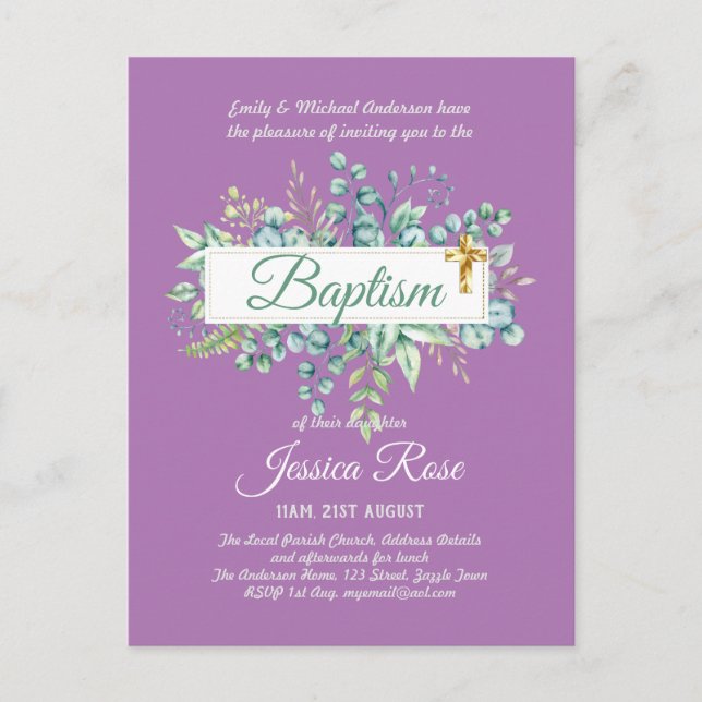 Baptism Invitation Eucalyptus Greenery BUDGET Postcard (Front)