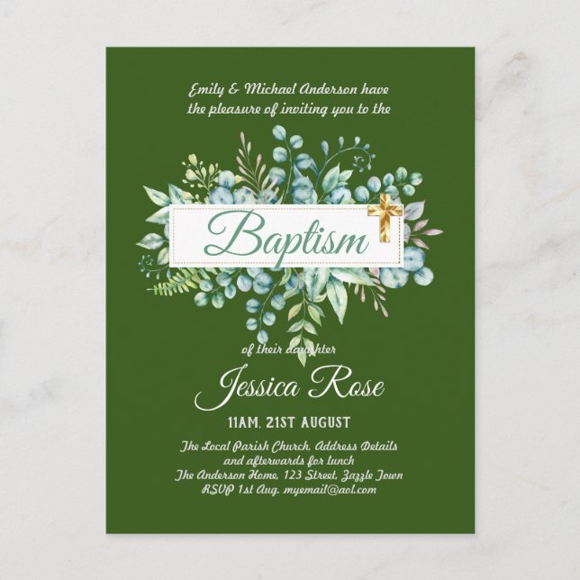 Baptism Invitation Eucalyptus Greenery BUDGET Postcard (Front)