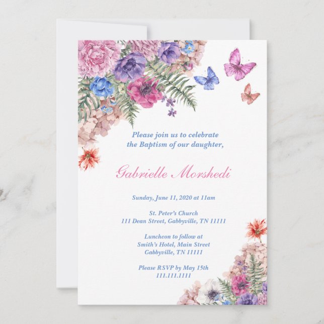 Baptism Invitation, Floral Baptism, Boho Invite (Front)