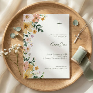 Baptism Invitation Floral Cross Watercolor