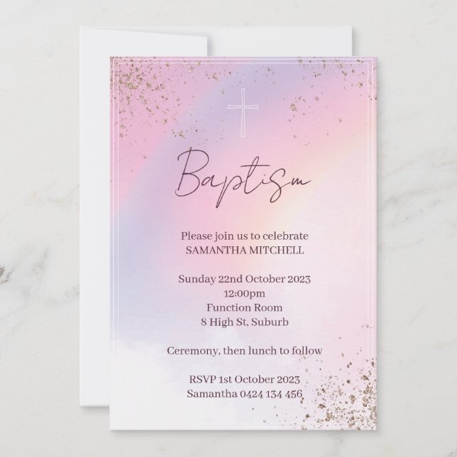Baptism Invitation for baby girl. Pink & gold (Front)