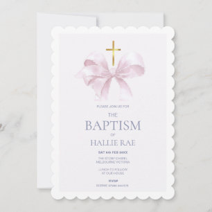 Baptism Invitation for Girl, Modern Pink Bow
