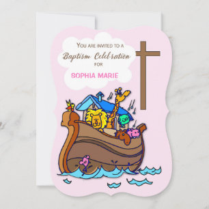 Baptism Invitation for Girl Noahs Ark in Pink