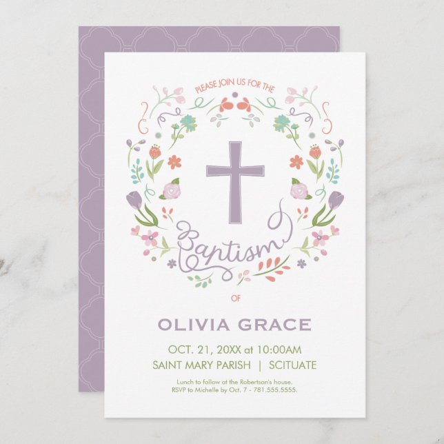 Baptism Invitation for Girl - Pretty, Custom (Front/Back)
