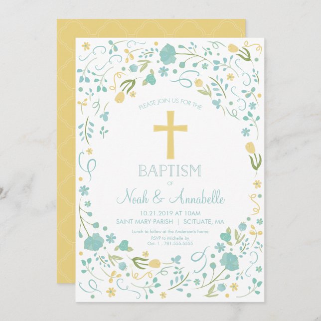 Baptism Invitation - Gender Neutral Cross, Flowers (Front/Back)