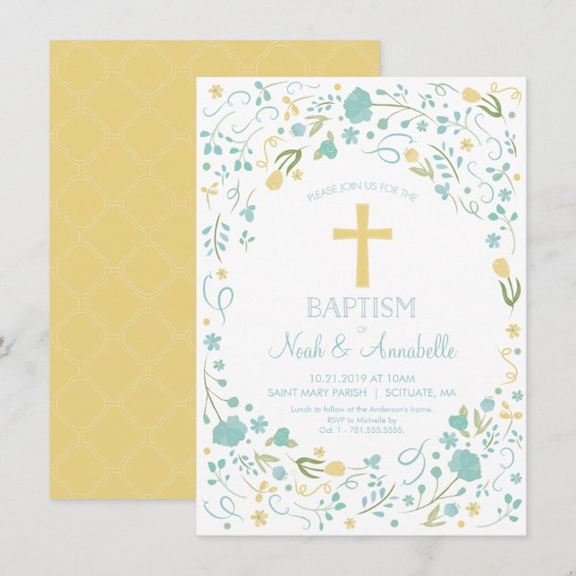 Baptism Invitation - Gender Neutral Cross, Flowers (Front/Back)