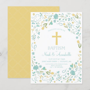 Baptism Invitation - Gender Neutral Cross, Flowers