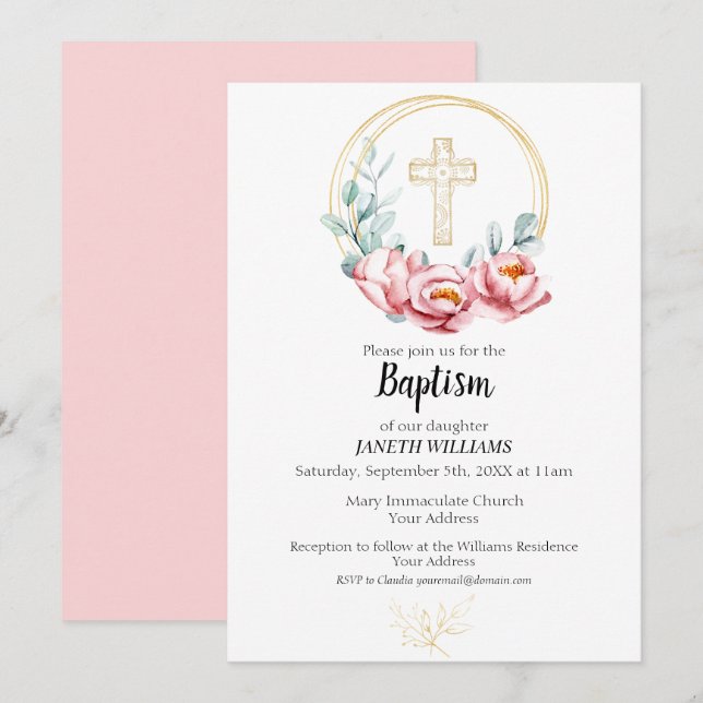 Baptism Invitation Girl, Floral (Front/Back)