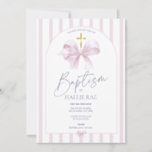 Baptism Invitation Girl, Modern Pink Bow & Gold