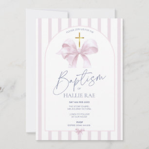 Baptism Invitation Girl, Modern Pink Bow & Gold
