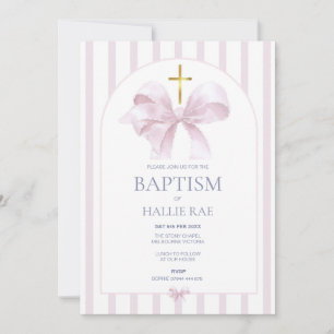 Baptism Invitation Girl, Modern Pink Bow & Striped