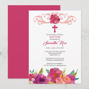 BAPTISM INVITATION, Girl, Pink Roses Invitation