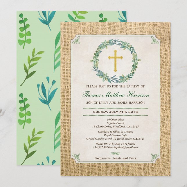 Baptism invitation. Green wreath rustic burlap Invitation (Front/Back)
