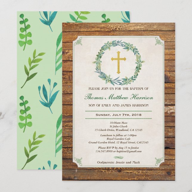 Baptism invitation. Green wreath rustic wood Invitation (Front/Back)