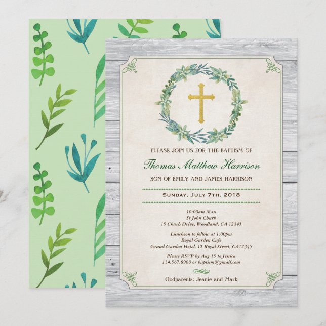 Baptism invitation. Green wreath rustic wood Invitation (Front/Back)