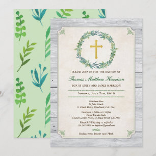 Baptism invitation. Green wreath rustic wood Invitation