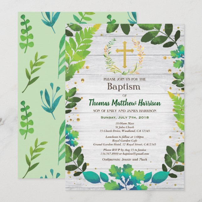 Baptism invitation. Greenery wreath rustic wood Invitation (Front/Back)