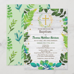Baptism invitation. Greenery wreath rustic wood Invitation