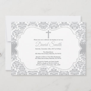 Baptism Invitation Grey Damask
