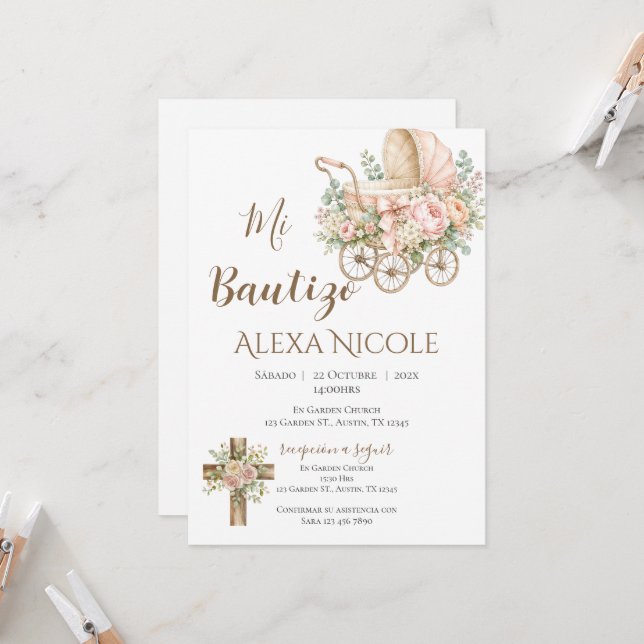 Baptism Invitation in Spanish Boho (Front/Back In Situ)