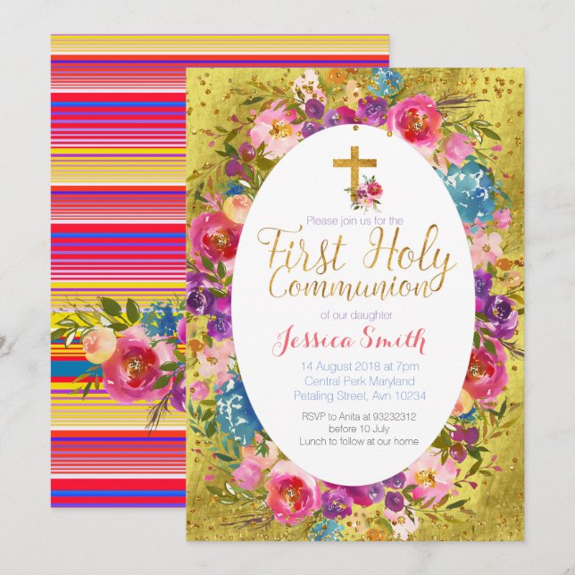 Baptism Invitation Mexican Fiesta Gold (Front/Back)