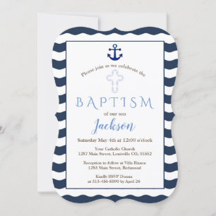 Baptism Invitation   Nautical Navy Waves Anchor