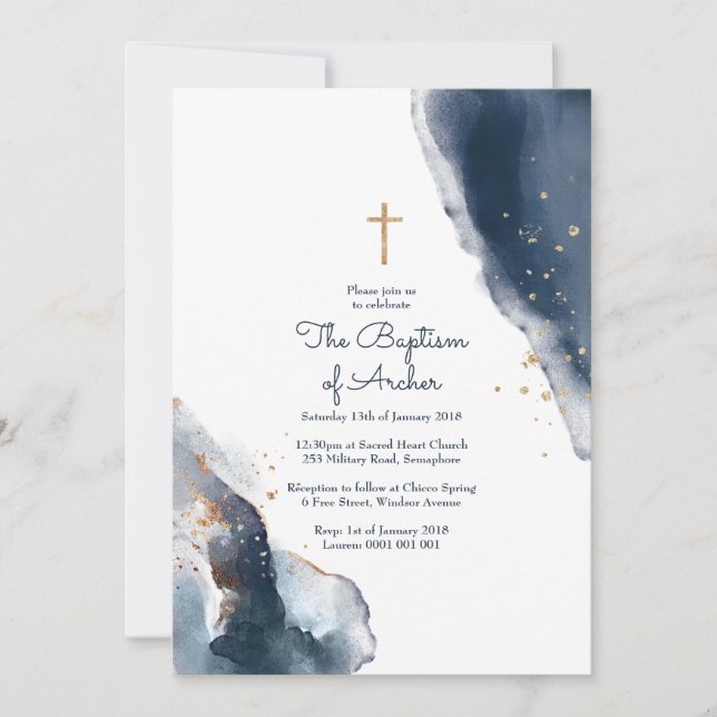 Baptism Invitation - Navy Watercolour Gold Glitter (Front)