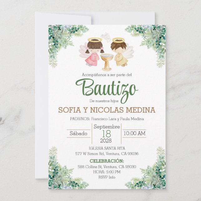 Baptism Invitation Spanish girl and boy Bautizo (Front)