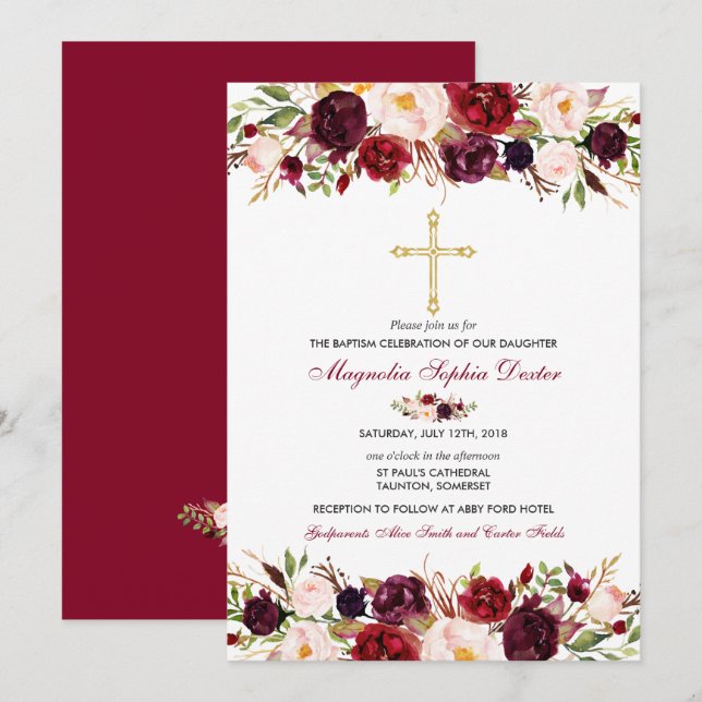 Baptism Invitation Watercolor Floral Baptism Card (Front/Back)