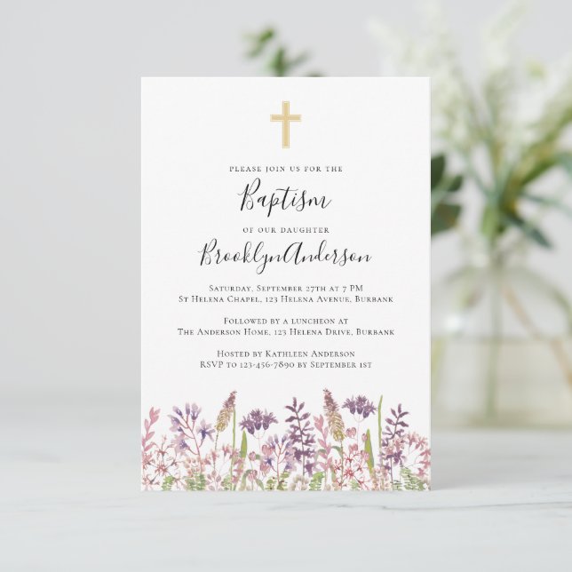 Baptism Invitation | Wildflower Cross (Standing Front)