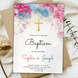 Baptism Invitation with blue floral a gold cross