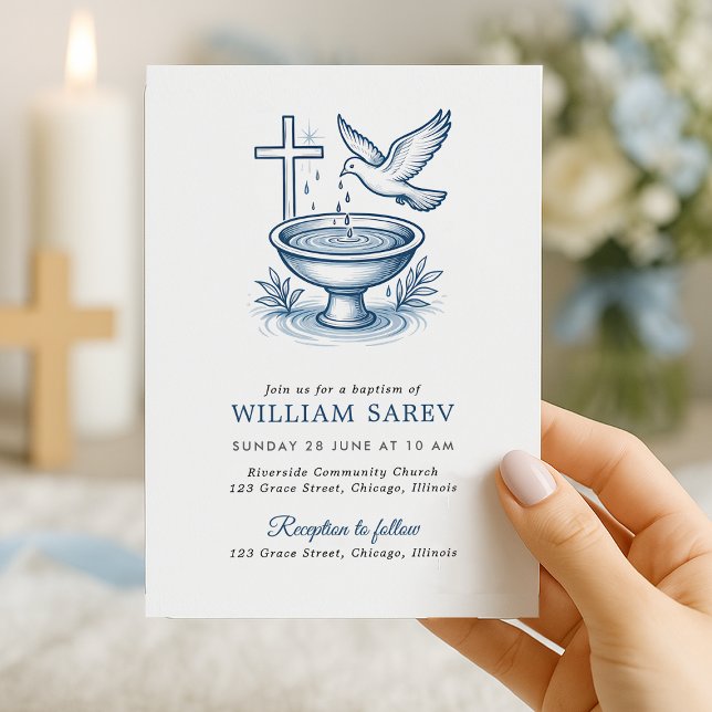 Baptism Invitation with Dove and Water Bowl Design (Simple and elegant baptism invitation with dove and cross, perfect for your event.)