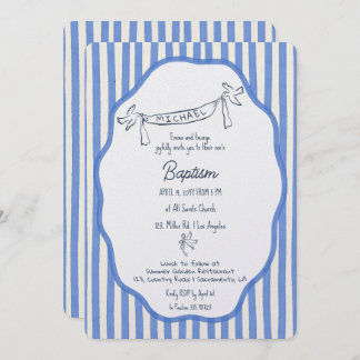 Baptism invitation with doves blue pinstripes