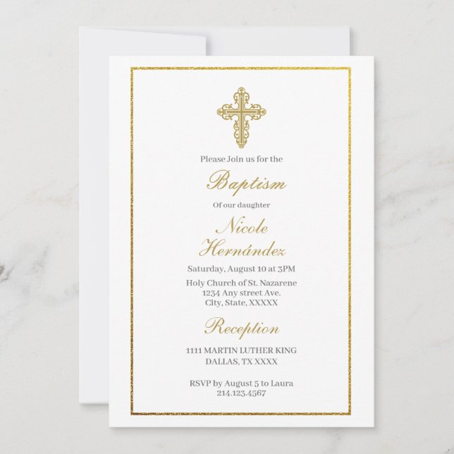 Baptism invitation with gold frame (Front)