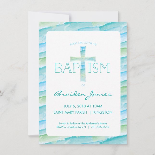 Baptism Invitation with Watercolor Cross - Boy's (Front)