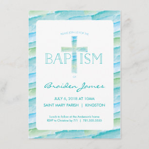 Baptism Invitation with Watercolor Cross - Boy's