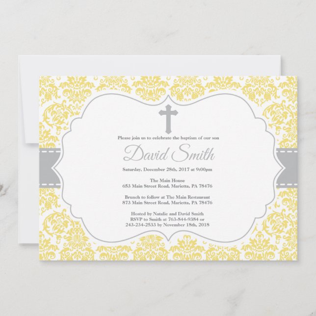 Baptism Invitation Yellow and Grey Damask (Front)