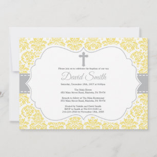 Baptism Invitation Yellow and Grey Damask