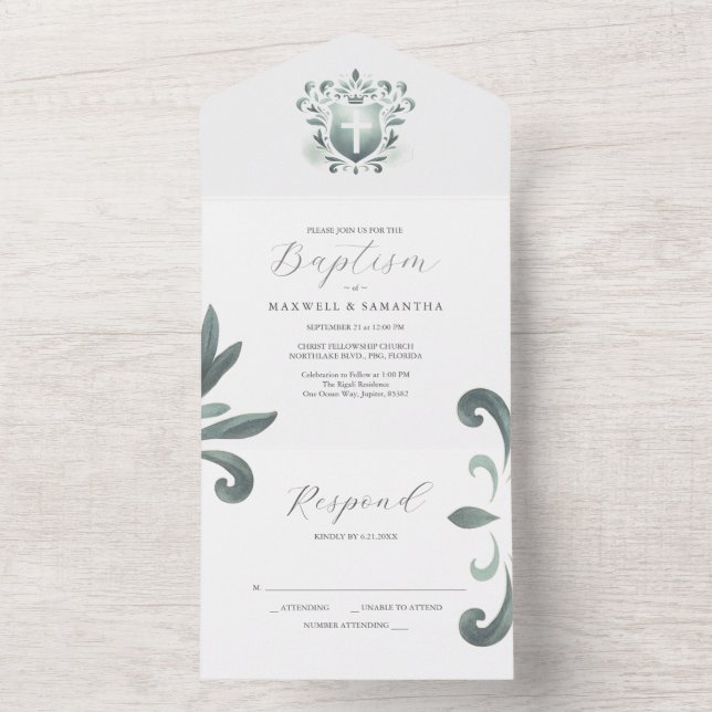 Baptism Invitations and RSVP Card Sage Green Crest (Inside)