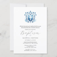 Baptism Invitations Religious Dusty Blue Crest