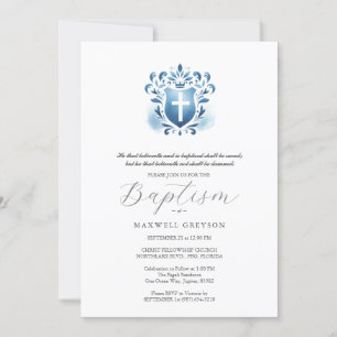Baptism Invitations Religious Dusty Blue Crest