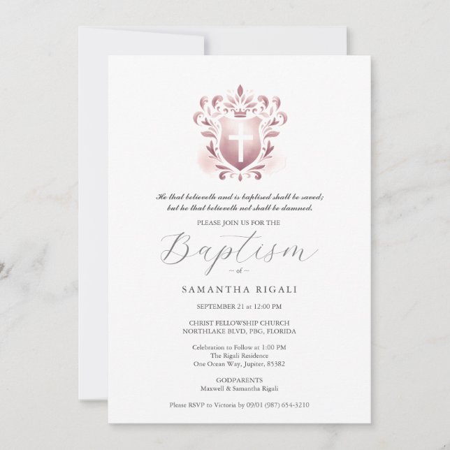 Baptism Invitations Religious Dusty Rose Crest (Front)