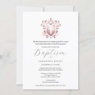 Baptism Invitations Religious Dusty Rose Crest