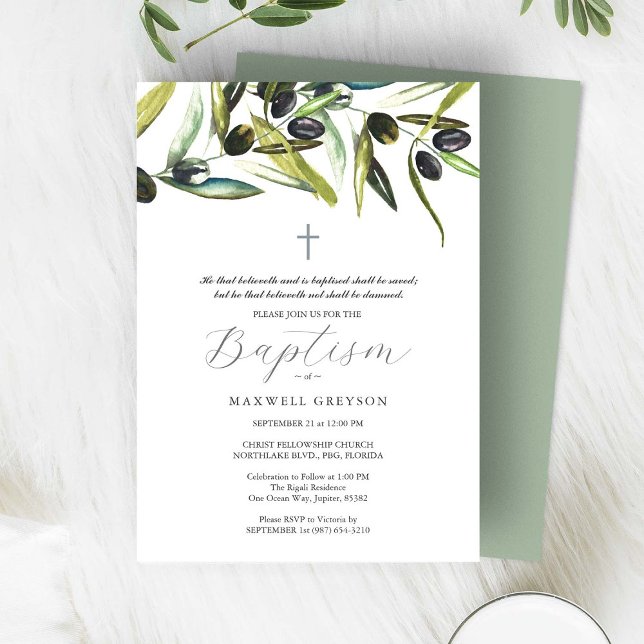 Baptism Invitations Religious Olive Branch  (Baptism invitations feature watercolor olive branches by Victoria Grigaliunas of Do Tell A Belle)