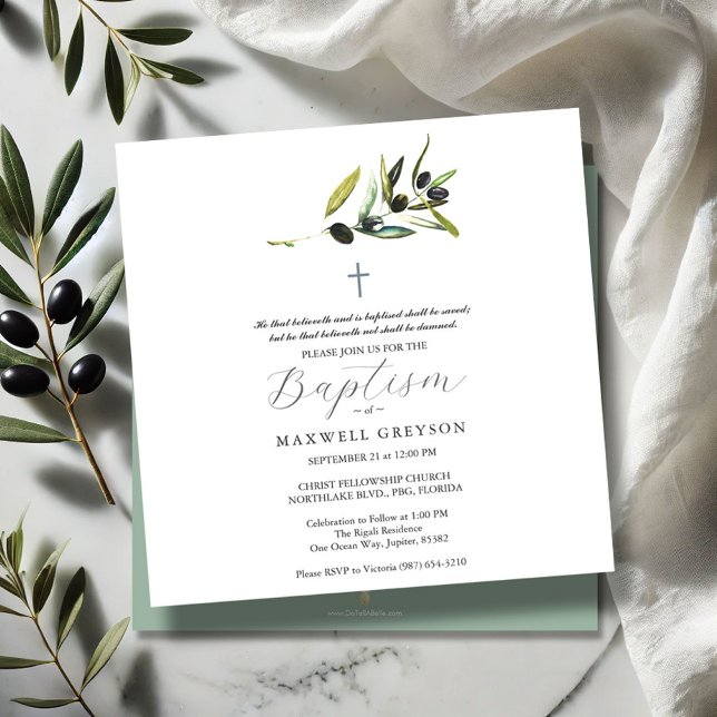 Baptism Invitations Religious Olive Branch Square (Square Baptism invitations watercolor olive branch art by Victoria Grigaliunas Do Tell A Belle)