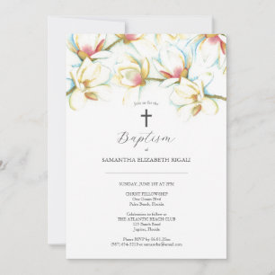 Baptism Invitations Watercolor Magnolia Flowers